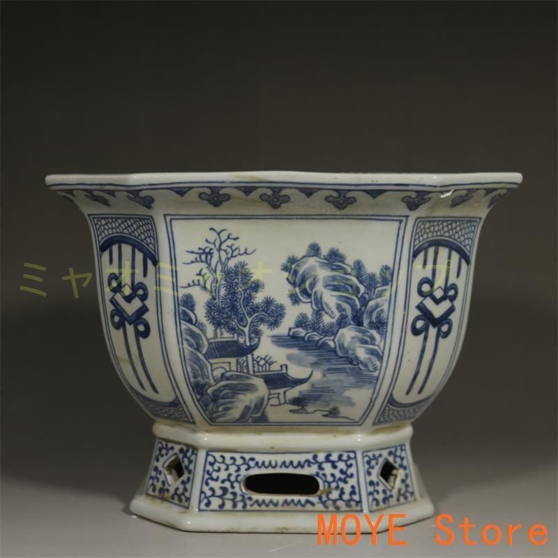 青花寿の山水紋高足四方鉢 陶磁器 工芸品 美術品 置物