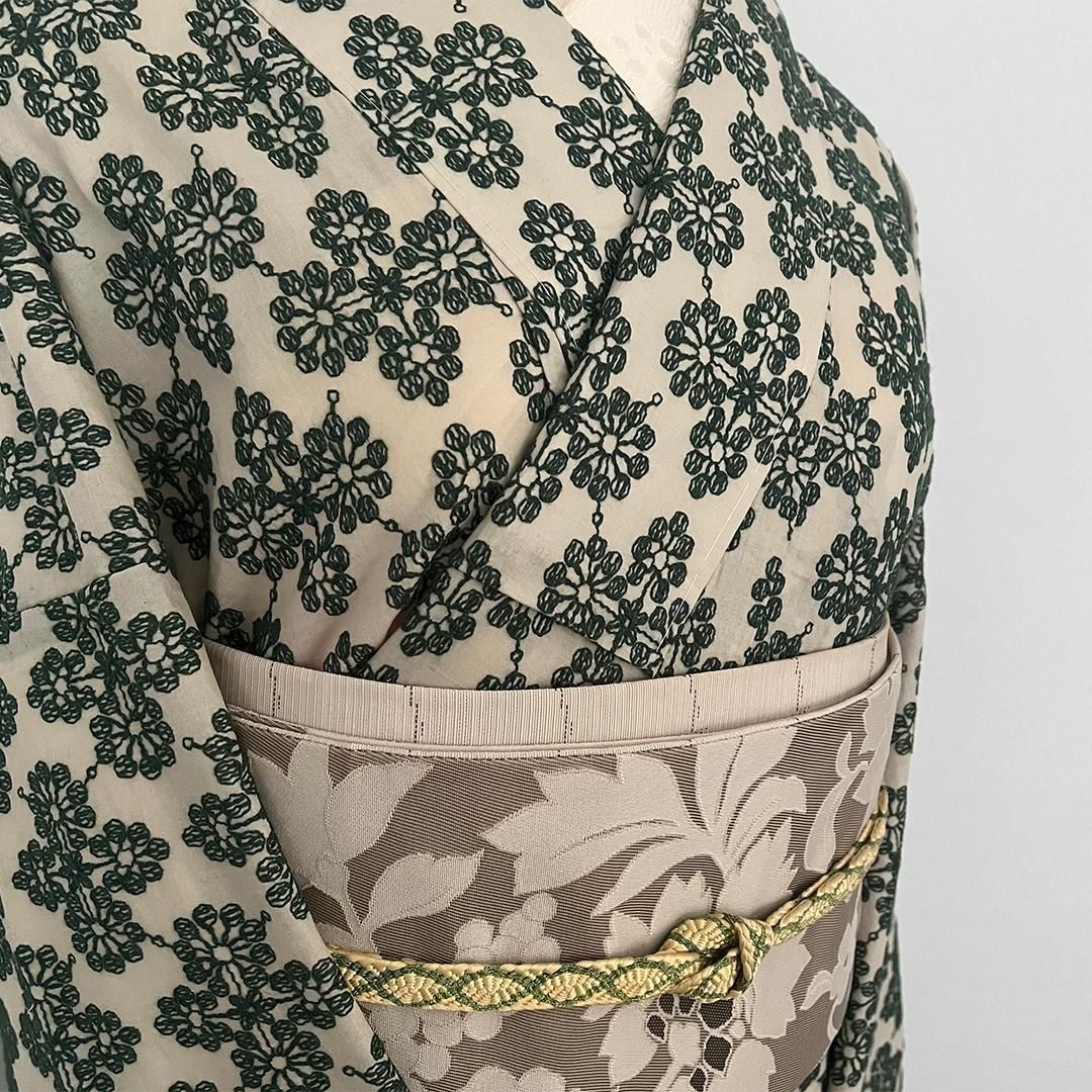 着物 単衣 花菱の刺繍 緑 コットン きもの コットンレース 木綿 着物 単衣 花菱の刺繍 緑 コットン きもの コットンレース 木綿