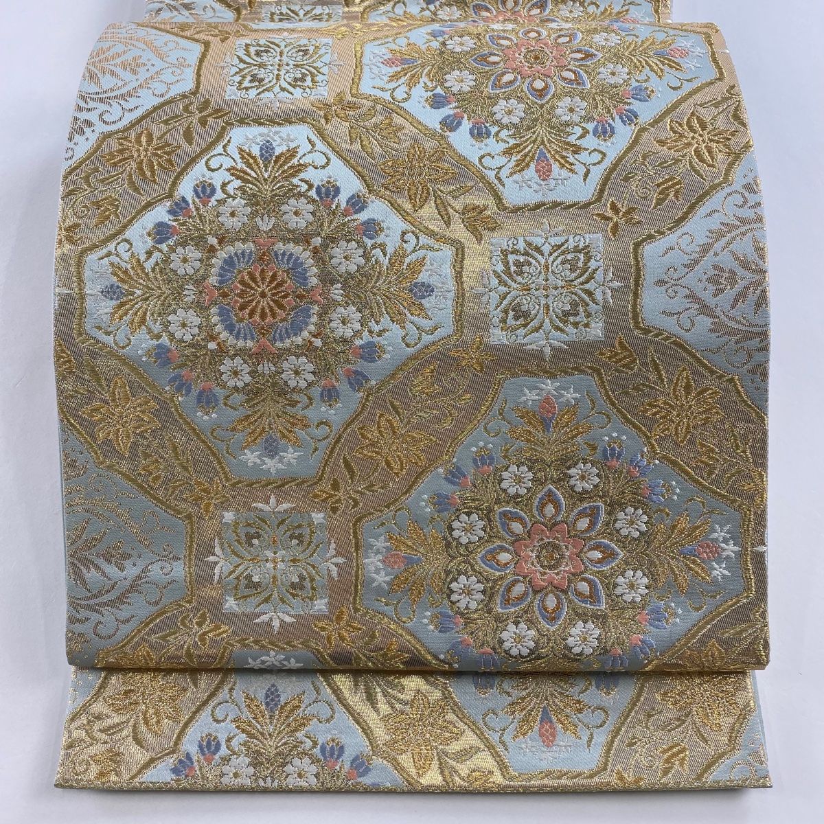 袋帯 秀品 華文 金糸 箔 薄緑 六通 正絹