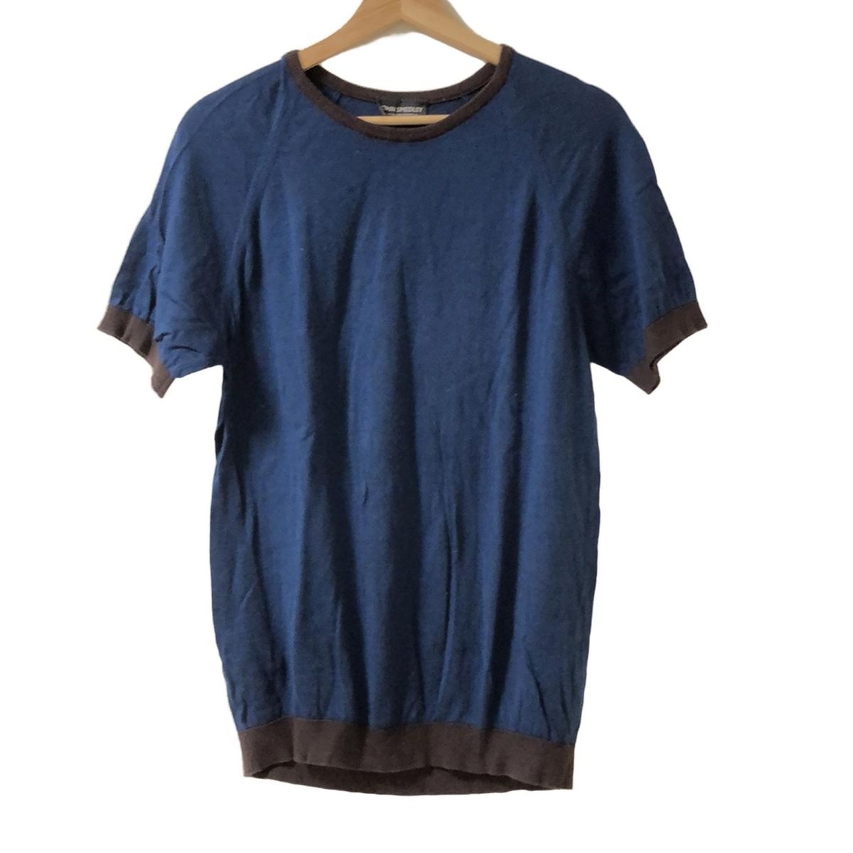 JOHN SMEDLEY ジョンスメドレー 半袖セーター サイズM メンズ - ネイビー×ダークブラウン クルーネック