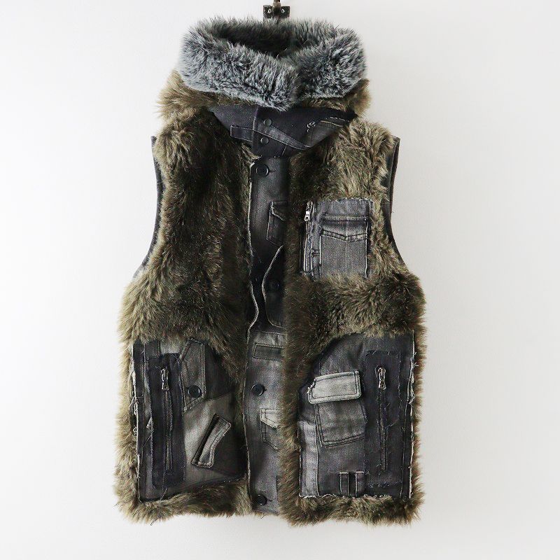 ドルチェアンドガッバーナ DOLCEu0026GABBANA パッチワークファー デニムドッキング ベスト 48/グレー フェイクファー【2400013785150】
