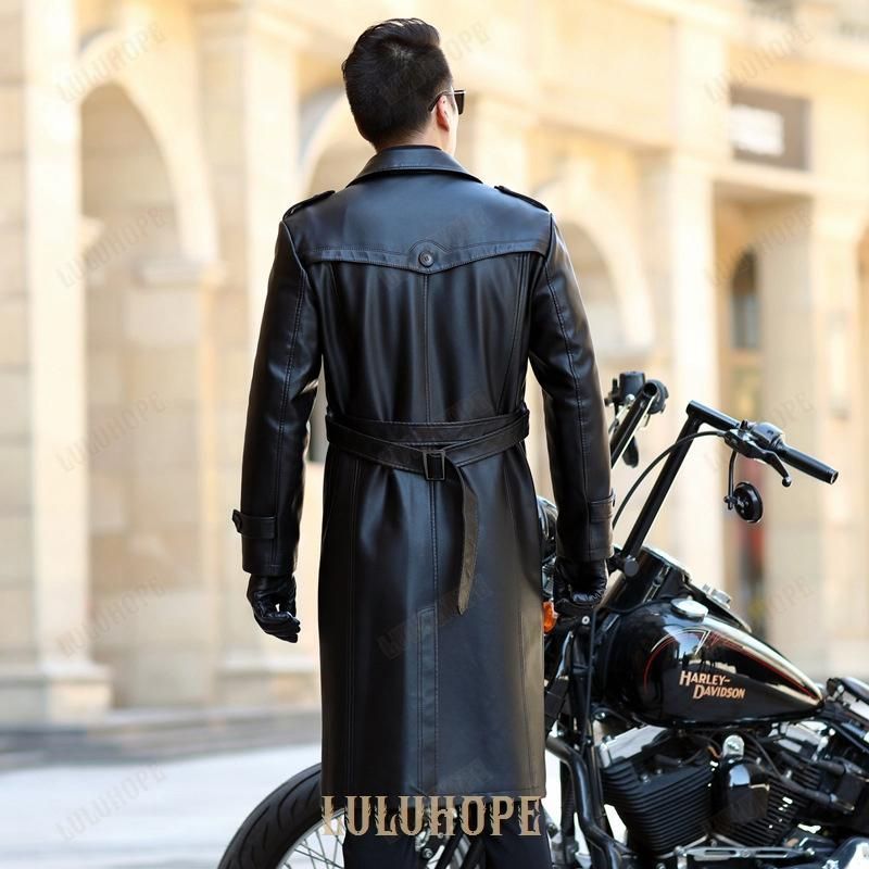 トレンチコート レザージャケット 革ジャン 体型カバー ダブル バイクジャケット メンズ ロング丈 ビジネス 紳士服 冬物 大きいサイズ 秋冬 トレンチコート レザージャケット 革ジャン ベルト付き メンズ 大きい