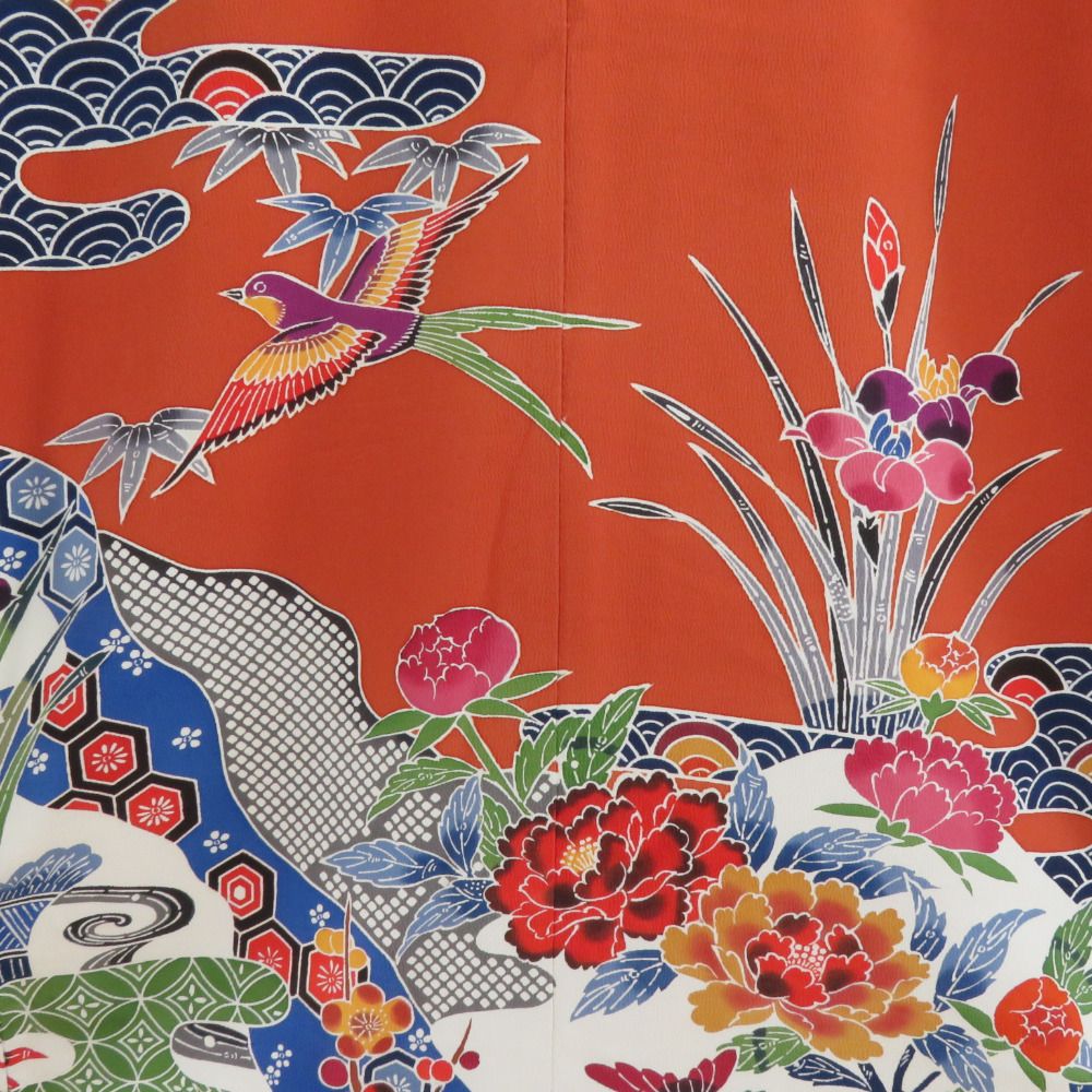 振袖 正絹 薄茶色x多色 型染め 風景に花鳥紋様 袷 広衿 成人式 卒業式