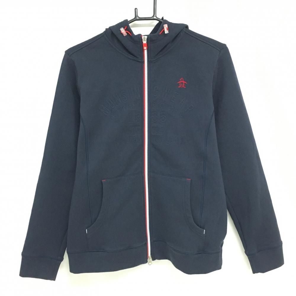 【即決】美品 マンシングウェア レディース パーカーMサイズ 美品マンシングウェア ジップパーカー ネイビー×レッド 凹凸ロゴ