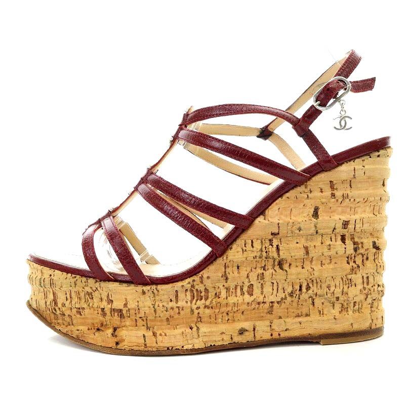 シャネル CHANEL サンダル ウエッジソール コルクソール ココマーク ストラップ レザー 38 25cm 赤 レッド |YO22