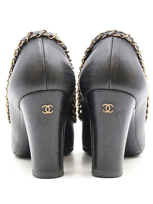 CHANEL シャネル パテントトゥ チェーンデザインヒールパンプス