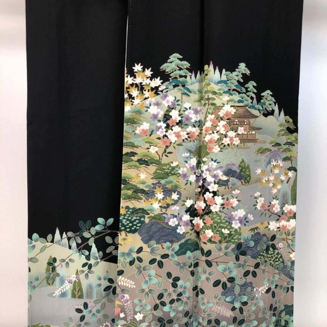 黒留袖 作家物 友禅 風景に花模様 萩 桜 松 K-4761（黒留袖 作家