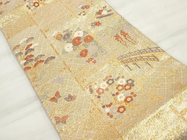 ツーシーズン 袋帯 六通柄 正絹 花唐草 イ5746 平和屋着物◎六通柄袋帯 唐織 草花文 黒地 銀糸 正絹 逸品