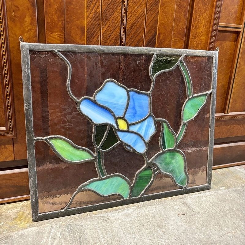 ステンドグラス パネル 青い花 38×30cm チェーン付き アートパネル