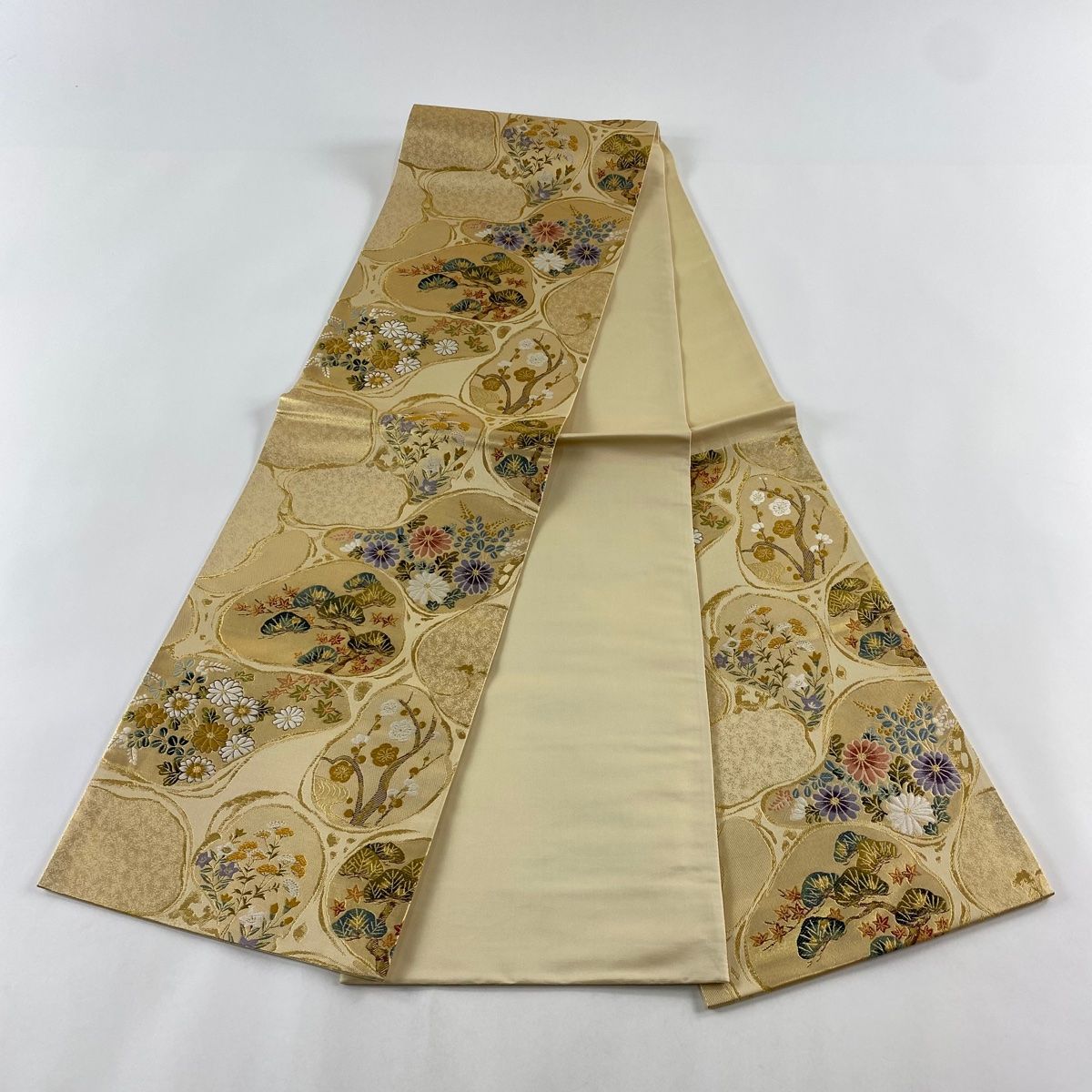 袋帯 美品 名品 扇 菊 金銀糸 箔 ベージュ 六通 正絹 【中古