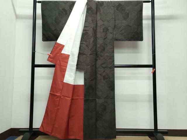 平和屋着物▽結城紬 単衣 100亀甲 流水風景花文 正絹 逸品 CAAV0897ou