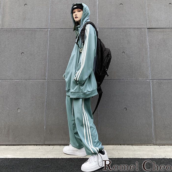 RomelCheo ラインジャージセット 長袖 セットアップ 上下セット フード