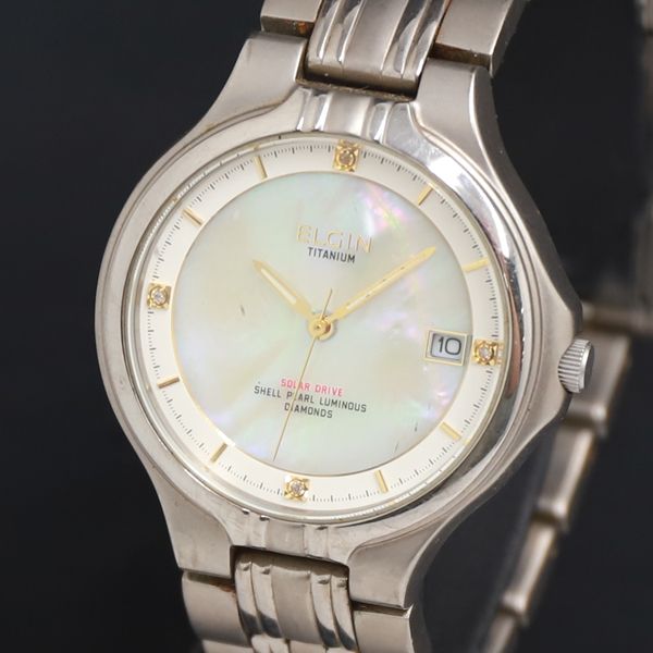 ソーラー エルジン 石付 チタン FK-1066-C シェル文字盤 デイト ソーラー エルジン 石付 チタン FK-1066-C シェル文字盤 デイト
