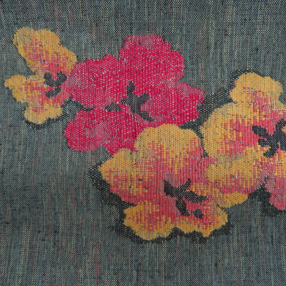 名古屋帯 正絹 紬 緑色x黄色x赤ピンク色 花文様 お太鼓柄