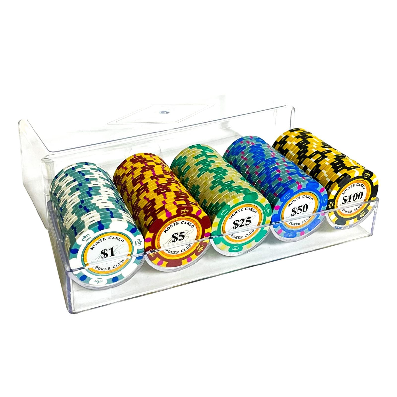 【数量限定】麻雀 ポーカー 5種(各種20枚、計100枚セット)専用アクリルケース付 カジノ プロ仕様 ルーレット 100枚セット バカラ ポーカーチップ ブラックジャック 【ヨロズラボ】 (1.5.25.50.100)