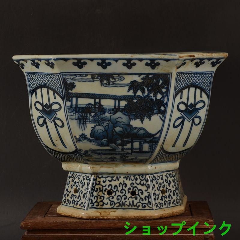 青花開窓庭楼四方高脚鉢 陶磁器 装飾品 現代工芸品美術品 置物 青花開窓庭楼四方高脚鉢 陶磁器 装飾品 現代工芸品美術品 置物