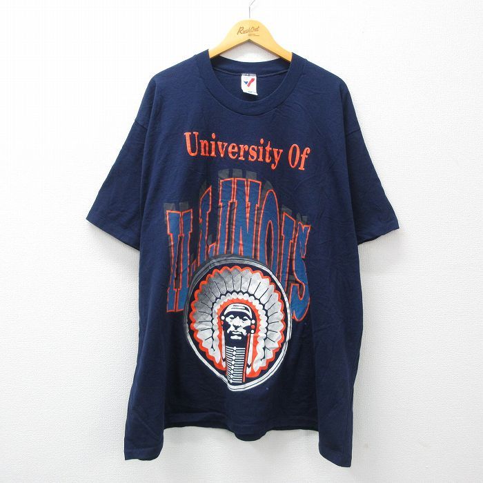 XL/古着 ARTEX 半袖 ビンテージ Tシャツ メンズ 90s イリノイ大学 大きいサイズ ロング丈 コットン クルーネック 濃紺 ネイビー spe 24feb2