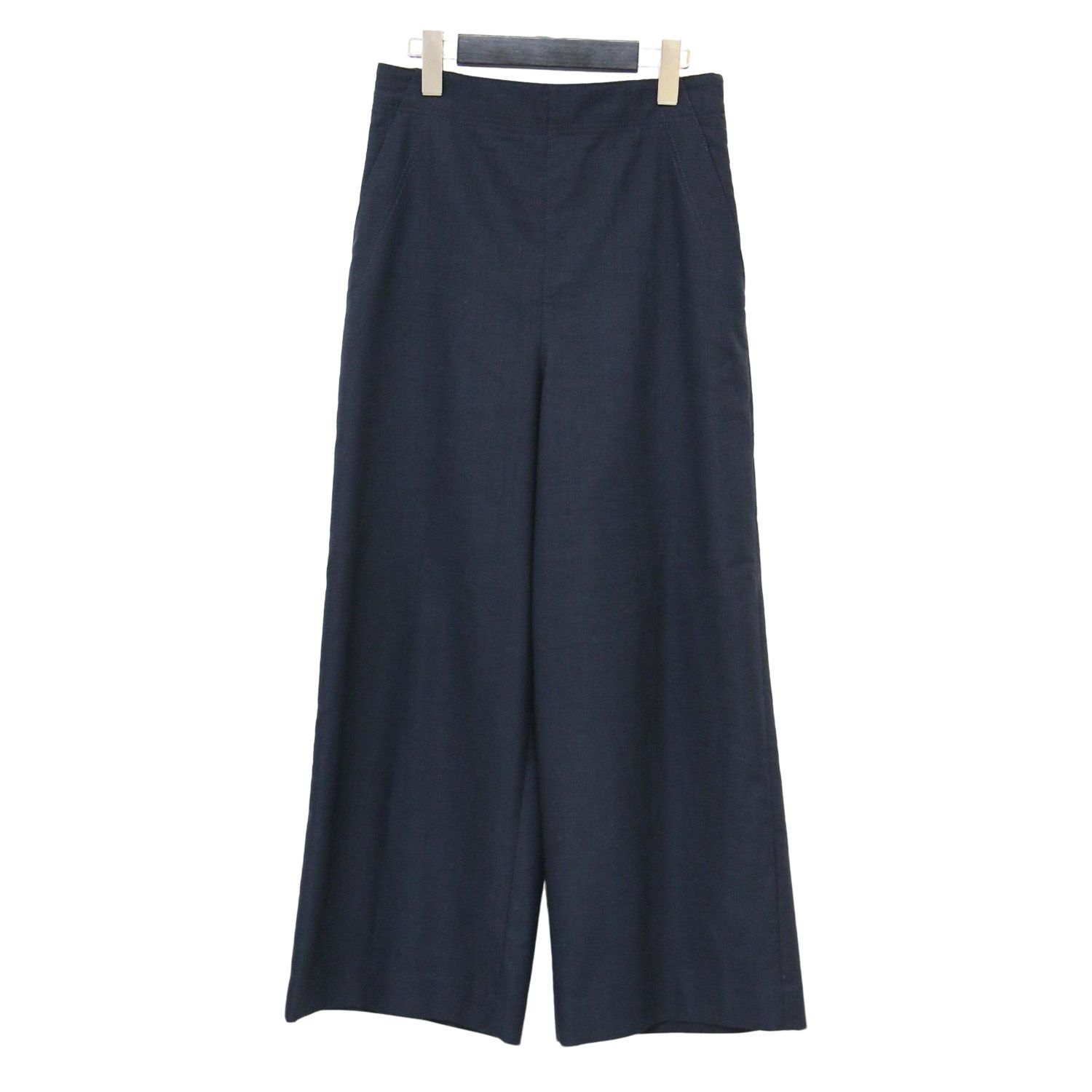 MACPHEE マカフィー パンツ ネイビー 紺 サイズ 34 7号 | ポリエステル リネン ストレッチ セミワイド クロップド パンツ | ウエストゴム ハイウエスト | ボトムス ズボン | レディース