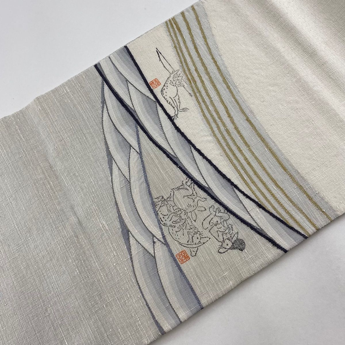 名古屋帯 京袋 美品 手彫り板染作家 佐伯武晴 童子 落款有り 名古屋帯 京袋 美品 手彫り板染作家 佐伯武晴 童子 落款有り