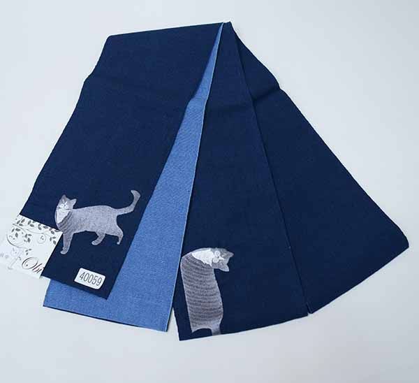 半幅帯 麻帯 浴衣帯 麻100% 本麻 日本製 猫刺繍 紺色×青 NO40059