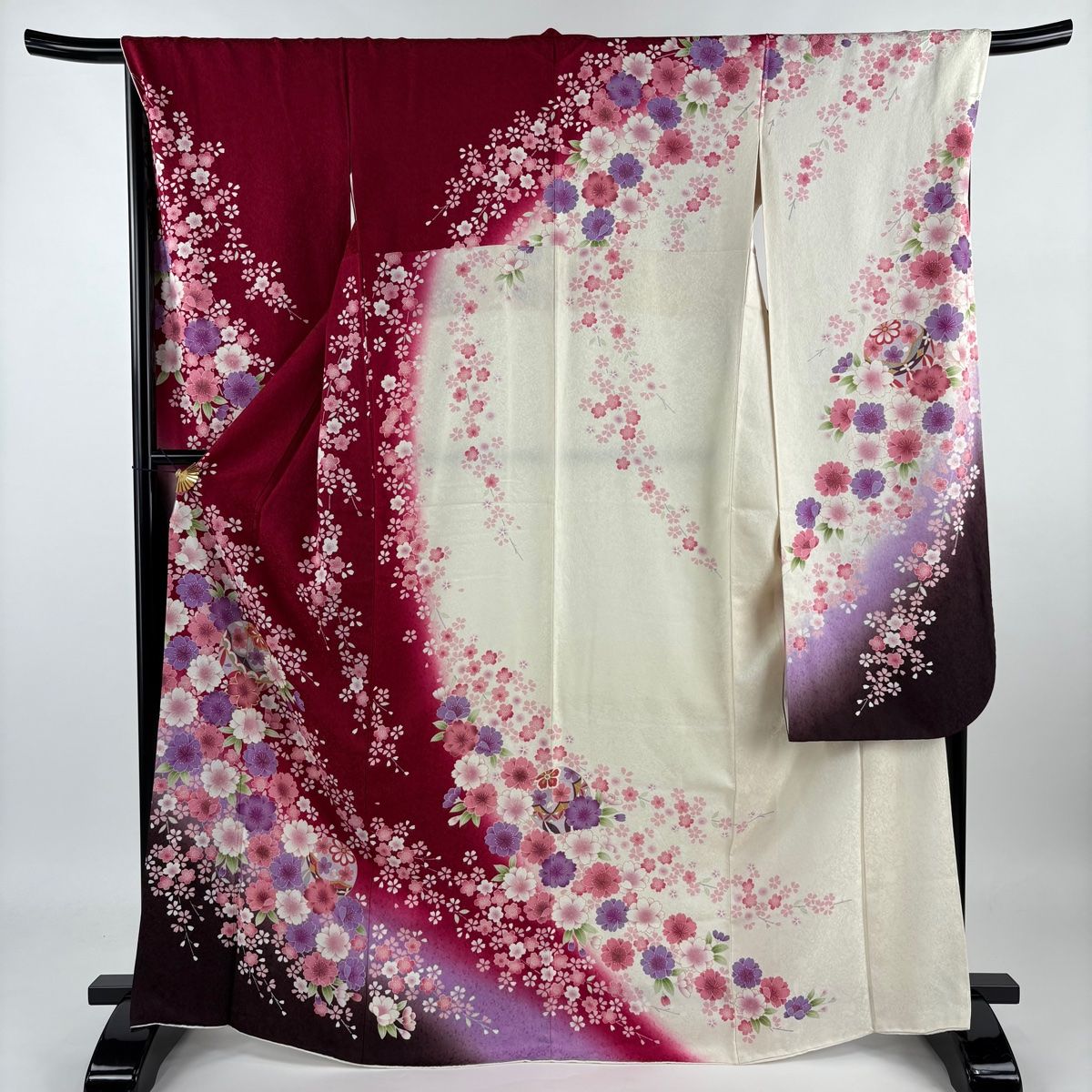 振袖 身丈167.5cm 裄丈70cm L 袷 やまと 手鞠 桜 金糸 金彩 えんじ色 正絹 美品 名品 【】