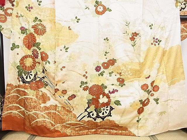 平和屋-こころ店□豪華振袖 駒刺繍 花車文 金彩 着丈166cm 裄丈66.5cm