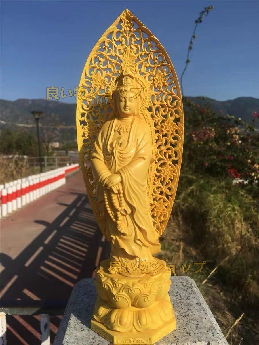 上品| 仏教工芸品 木彫仏教 檜材 精密彫刻 仏師で仕上げ品 観音菩薩立像 高27cm