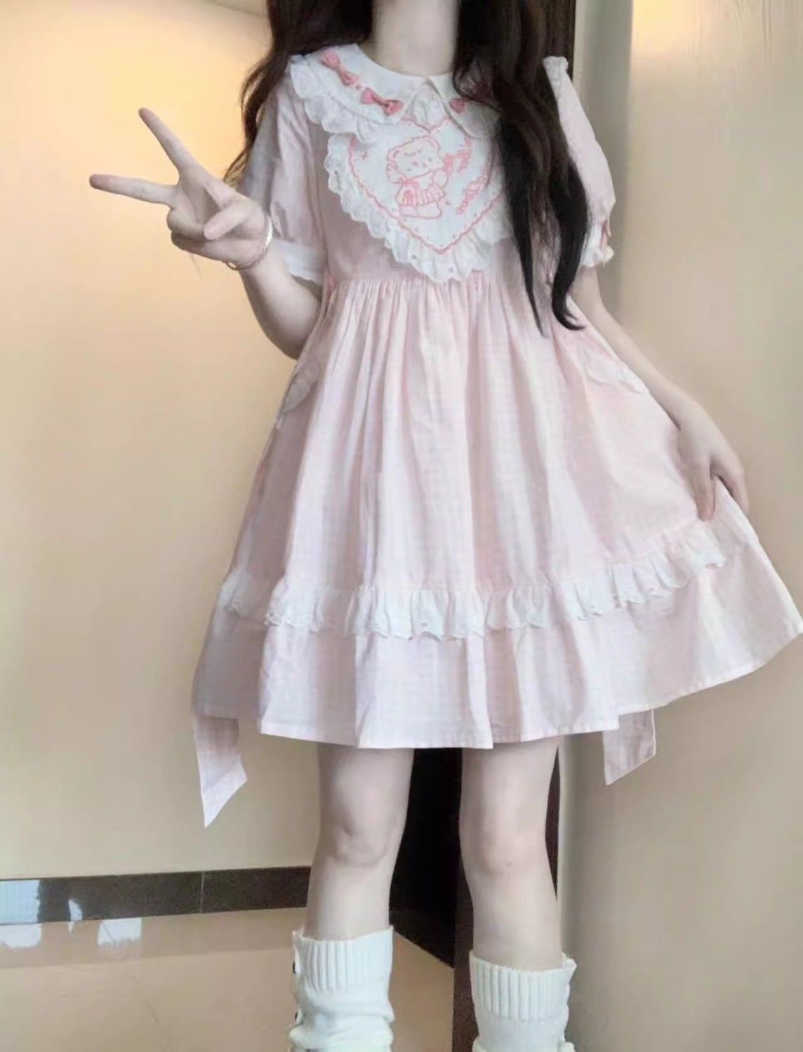 クマちゃん柄ガーリーなロリータワンピース❤️お出かけ女子会コーデに最適 クマちゃん柄ガーリーなロリータワンピース❤️お出かけ女子会