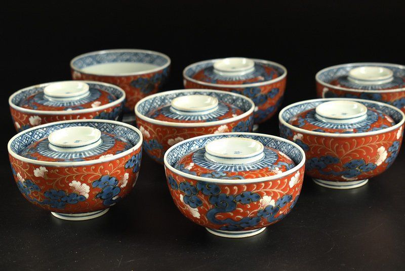 蔵A4184b 伊万里 赤手染錦蓋茶碗 蓋物 七客 幕末頃