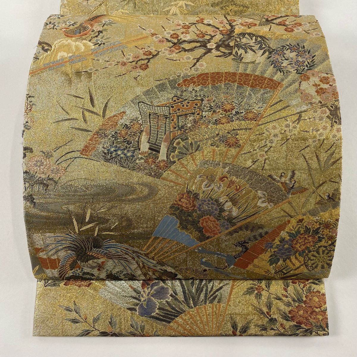 丸帯 桃山扇面屏風文 プラチナ本金箔 壱阡八百口織 金色 全通 正絹