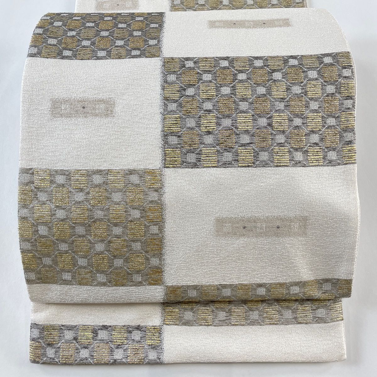 袋帯 六通 洒落袋 幾何変 市松文様 金糸 チェック柄 袋帯 六通 洒落袋 幾何変 市松文様 金糸 チェック柄 袋帯 秀品 流