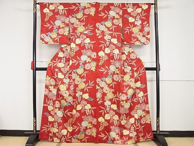 平和屋-こころ店■上質なお召　単衣　草花文　正絹　逸品　AAAG6201Bcy