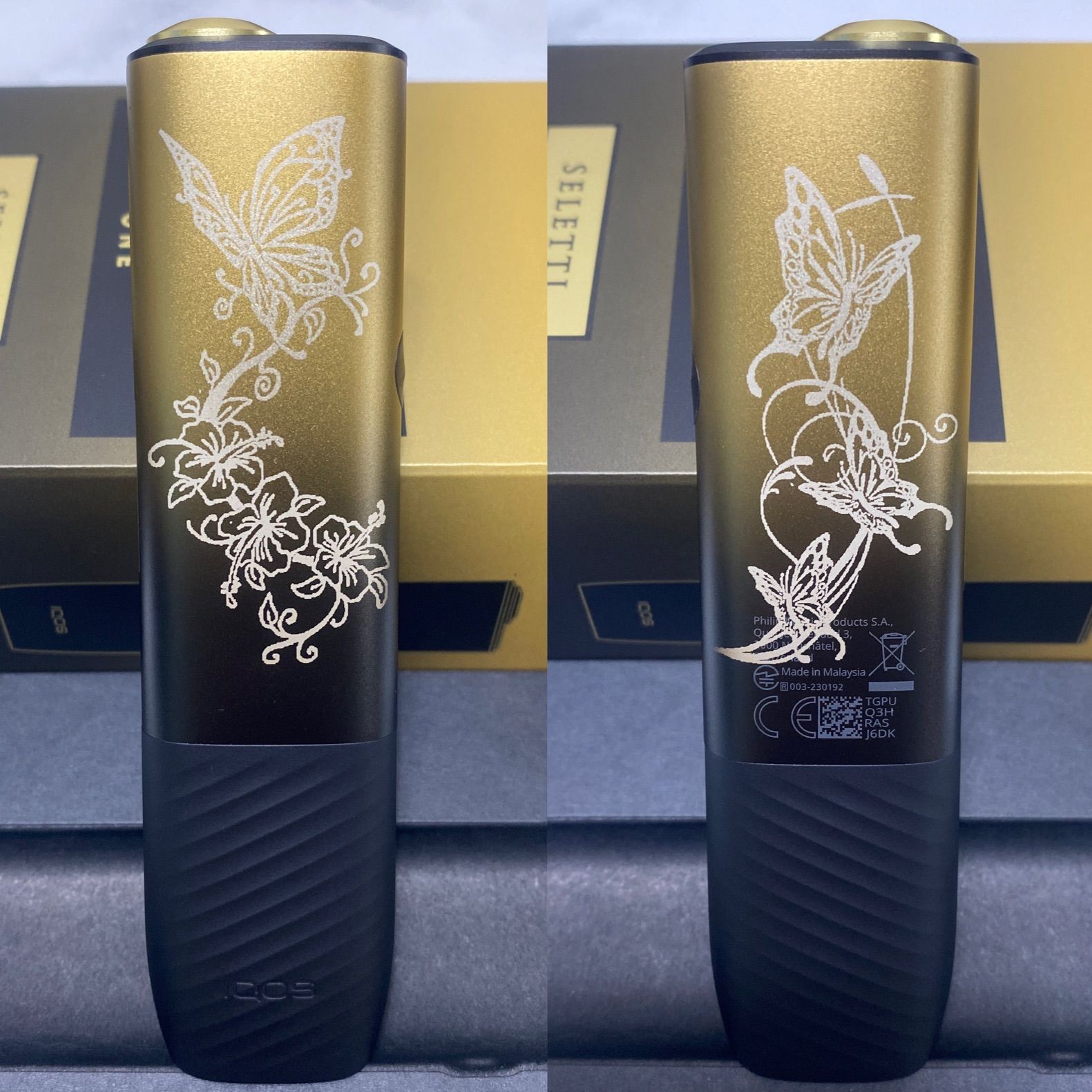 アゲハ蝶 加工 iQOS ILUMA i ONE アイコス イルマ i ワン セレッティ ゴールド ブラック 金 黒 色 蝶 蝶々 バタフライ 花 華 フラワー オリジナル カスタム