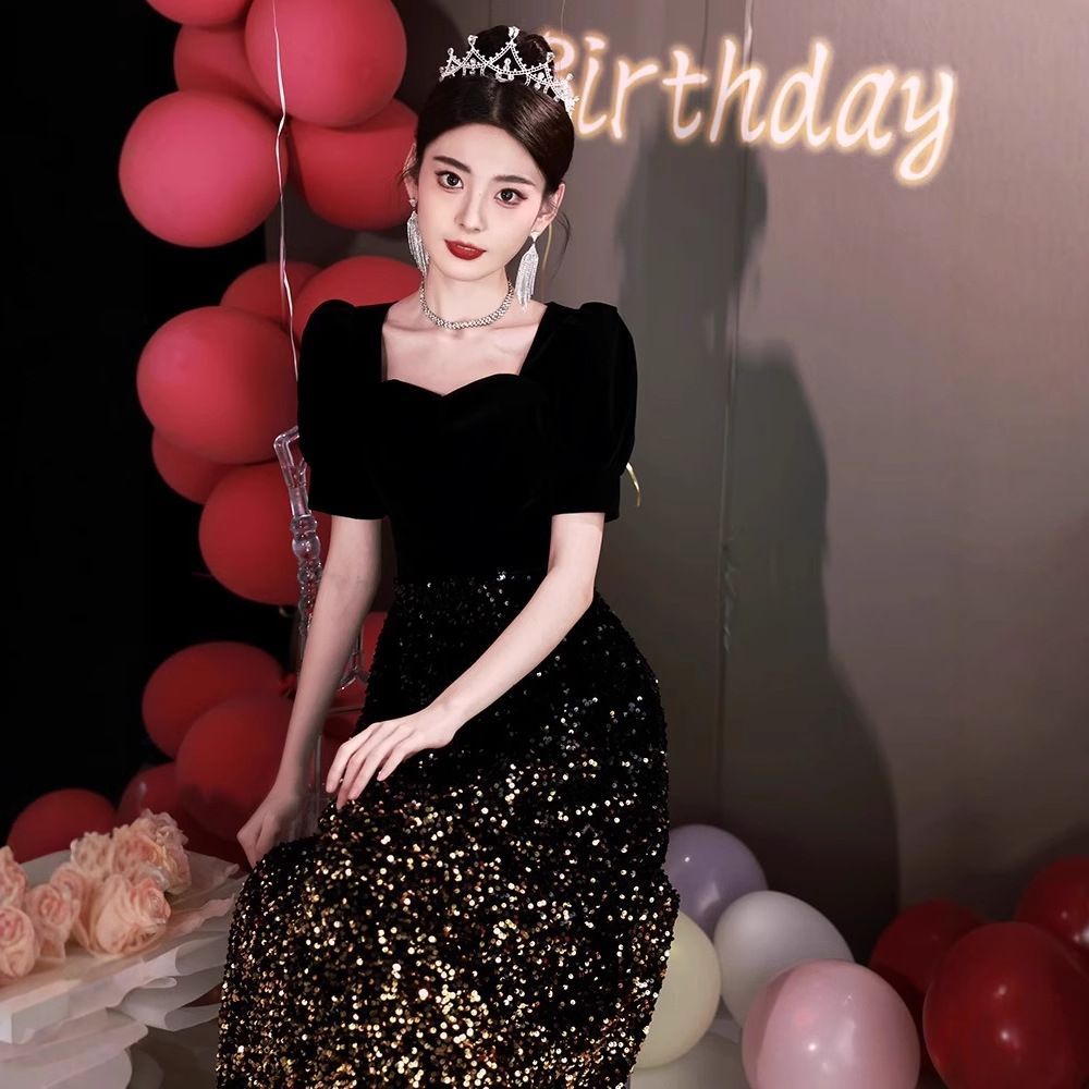 ブラック イブニングドレス 女性用 パーティー ステージ ランウェイ 軽奢華 ニッチ ディナー ラメ 芸術試験 司会者 フォーマルドレス​