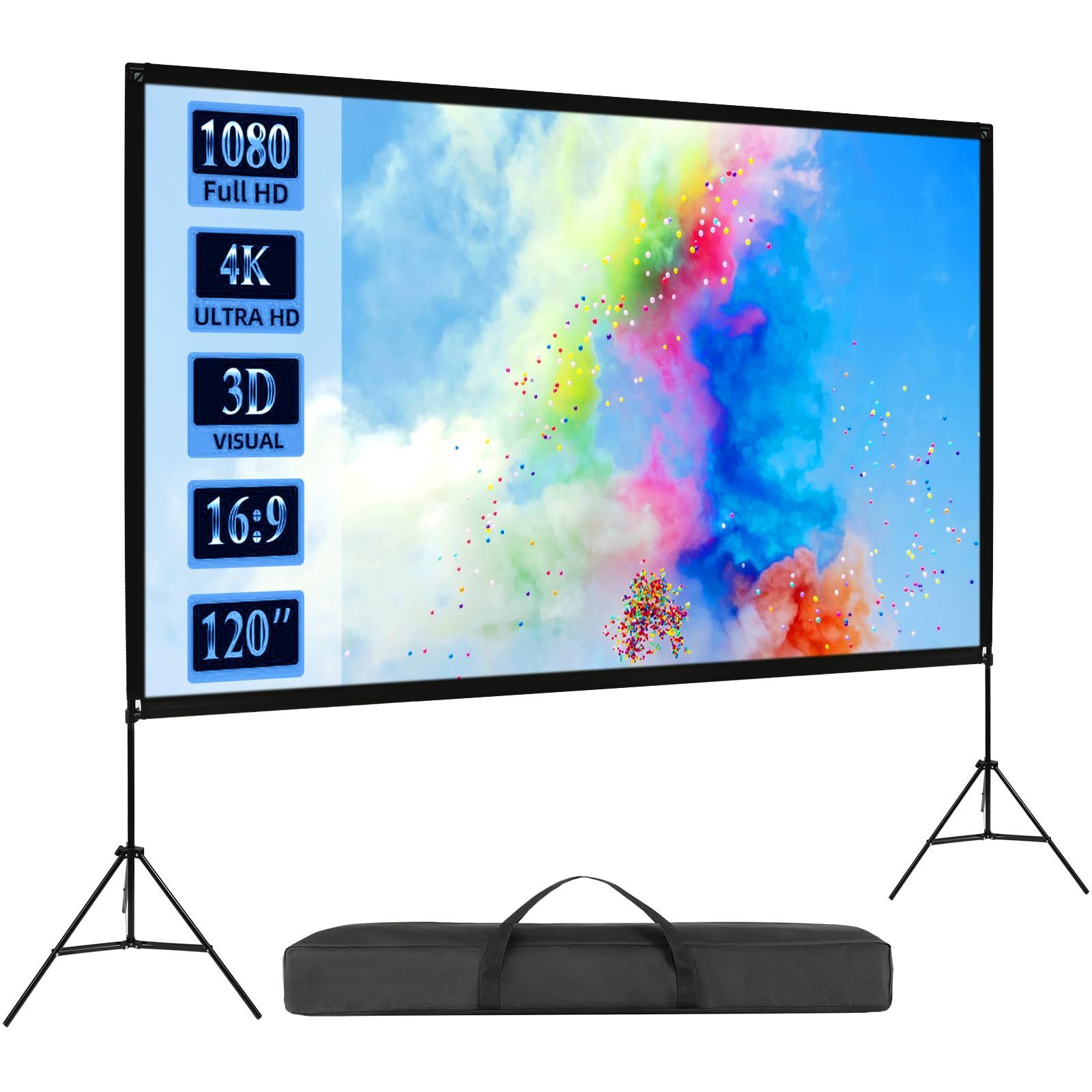 120インチ自立式＆屋内屋外兼用 VISULAPEX 工型スタンド付き プロジェクタースクリーン 16 9 4K対応 自立式スクリーン projector screen 壁掛け 2025新登場 持ち運び 折りたたみ式 視野角179° 防しわ加工 お手入れ簡単