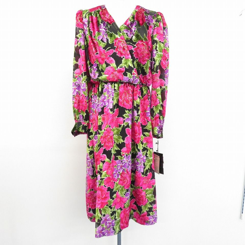 REGENCE ワンピース 長袖 ロング丈 レース 花柄 紺 マルチカラー 42