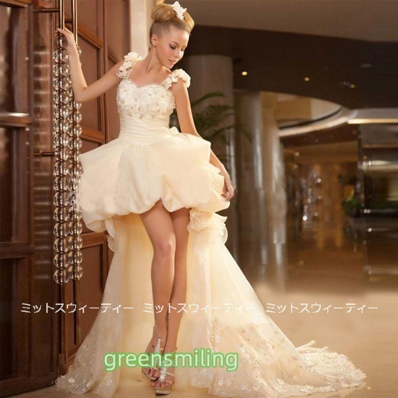 ウェディングドレス ミニ丈 前ミニ トレーン チュールドレス シンプル 前撮り ブライダル 結婚式 二次会 披露宴 花嫁 旅行 撮影 リゾートウWP特別価格104