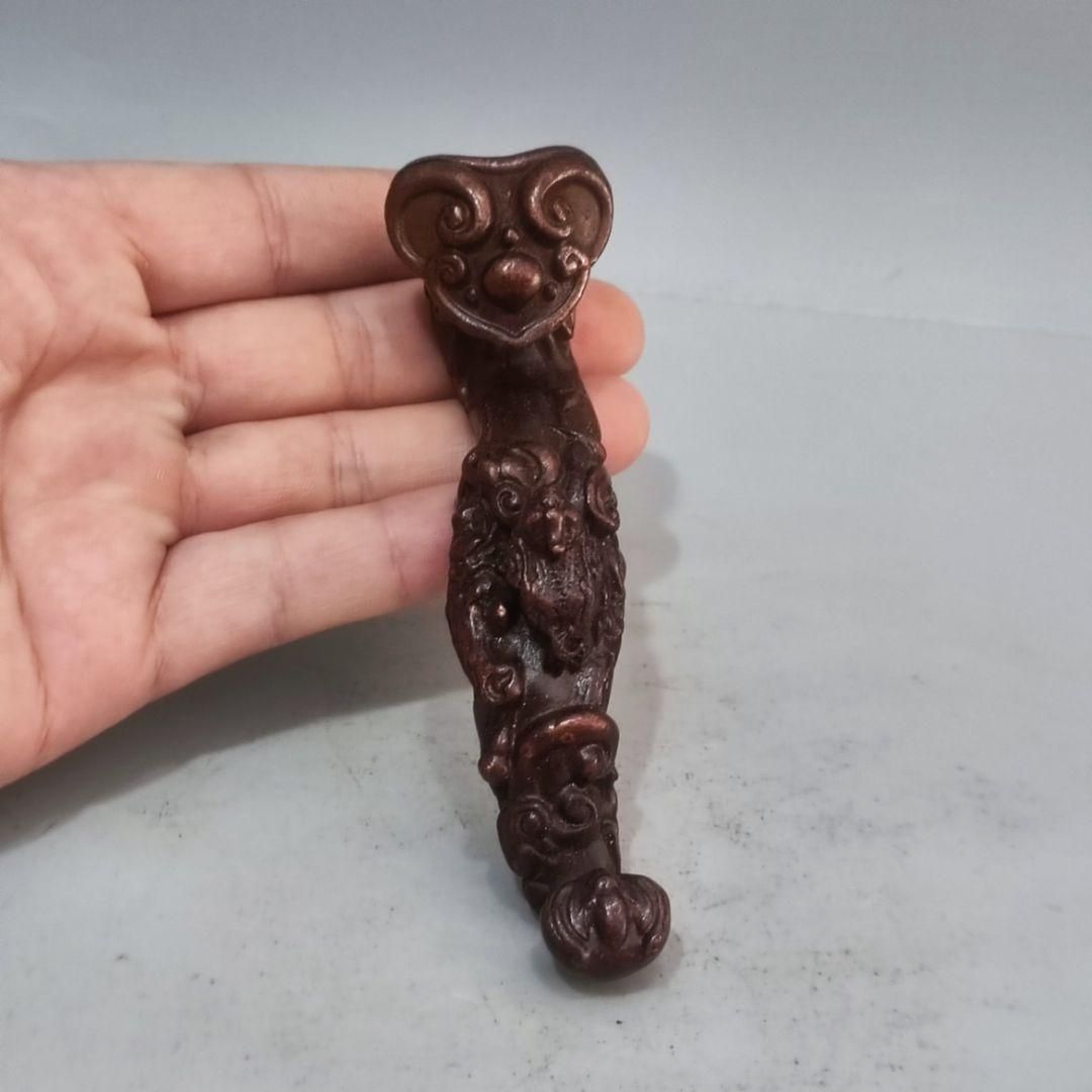 銅制 霊芝如意俯牛 文鎮 押紙 筆架 筆棚 茶道茶寵 装飾品 工芸品 置物