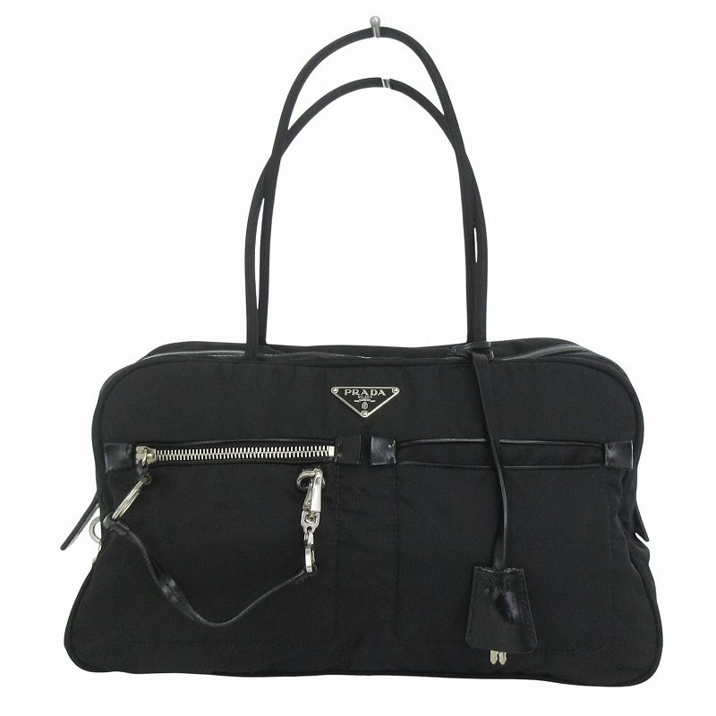 プラダ ミニ ボストンバッグ トート 三角ロゴ プレート 黒 ナイロン 南京錠 プラダ PRADA ミニボストン トートバッグ 三角プレート ナイロン
