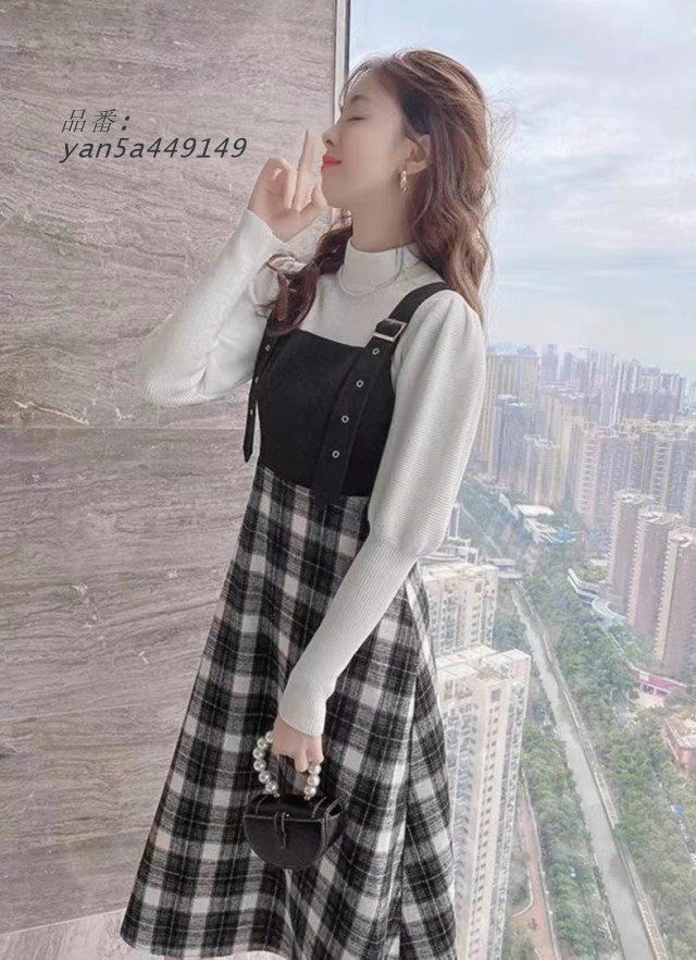 チェック ジャンパースカート 秋冬 切り替えワンピース Aライン ワンピース 秋冬 ファッション 韓国 レディース ミモレ丈 ウエスト 大きいサイズ yan5a449149 GULLKHAN_COM