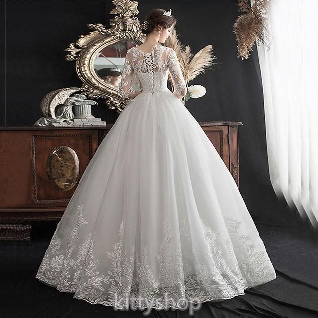ウェディングドレス 袖あり 7分袖 レース キレイめ ホワイトドレス 結婚式ドレス Aライン ブライダルドレス ロング 二次会ドレス 披露宴 ウェディング ウェディングドレス 袖あり 7分袖 レース キレイめ ホワイトドレス