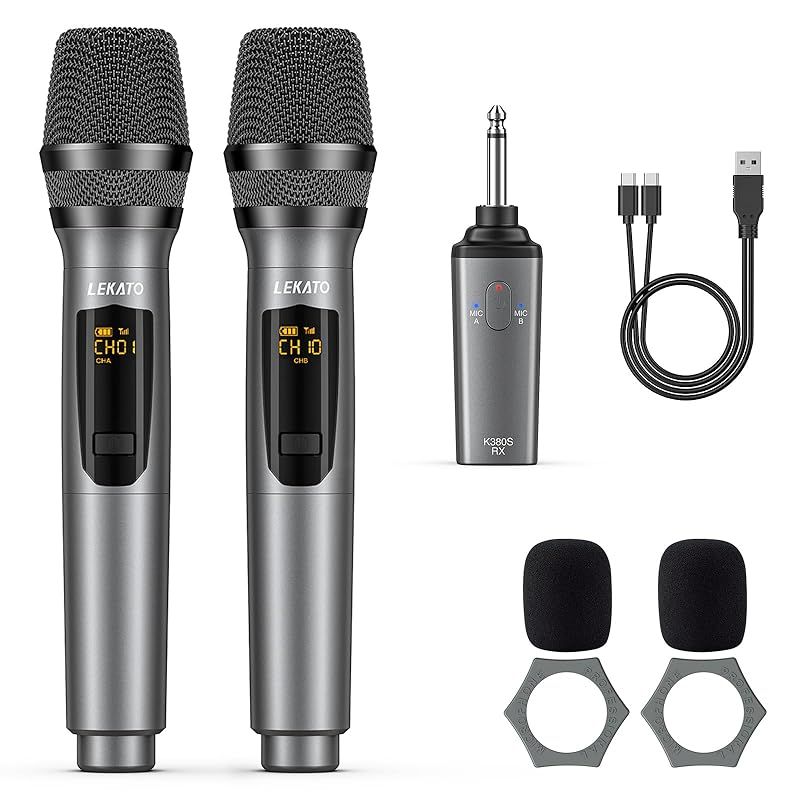 LEKATO K380Sワイヤレスマイク 充電式ダイナミックマイク UHF マイクロフォン 6.35mmレシーバ付き 技適認証済 会議/カラオケマイク/ホームパーティー に大活躍【2本セット】 0
