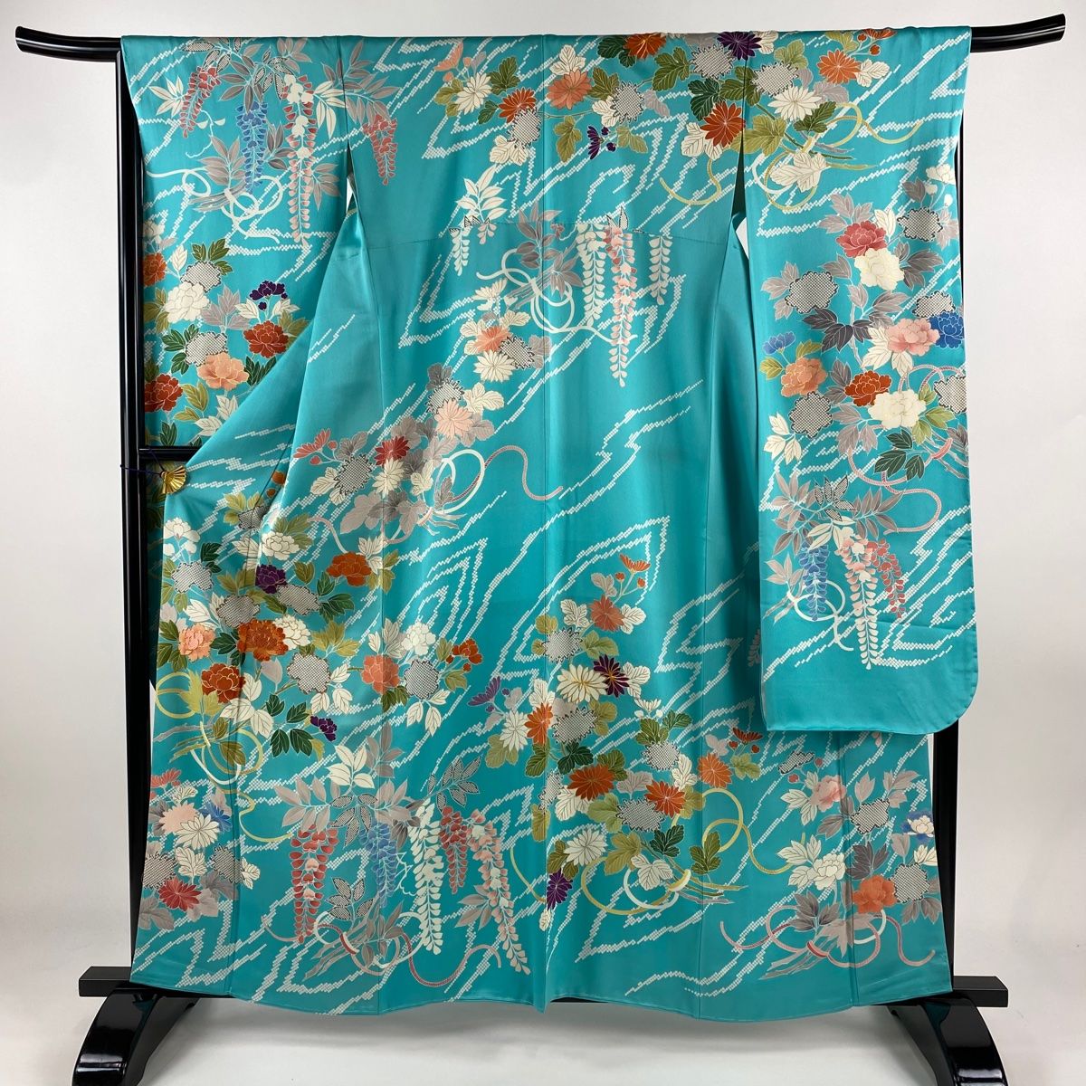 振袖 身丈160cm 裄丈67cm M 袷 牡丹 藤 金糸 刺繍 水色 正絹