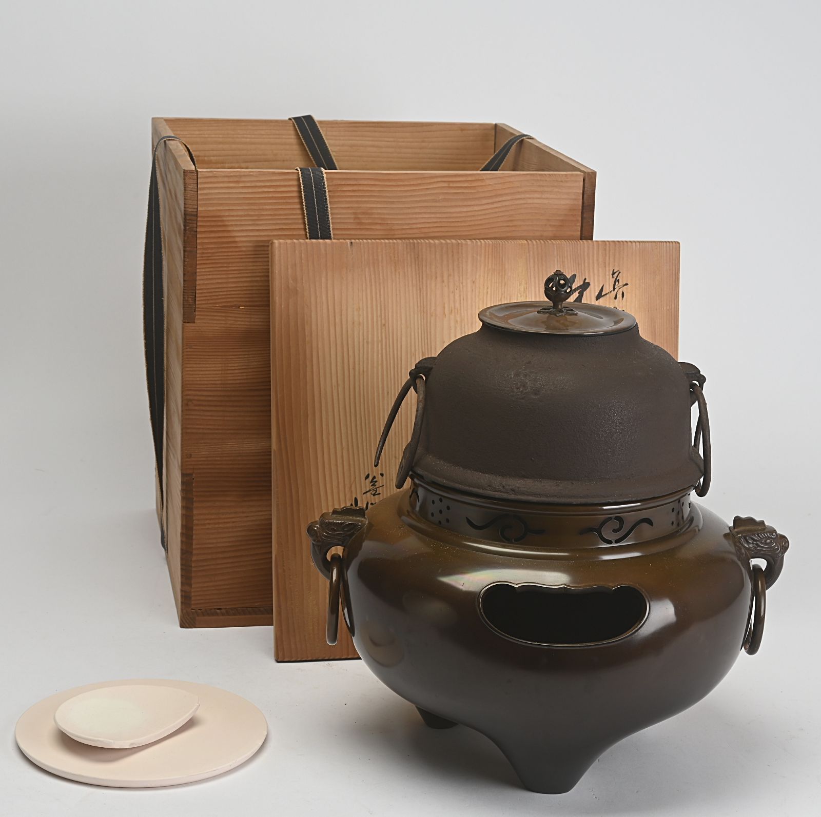 唐銅 鬼面風炉 茶道具 風炉釜 箱付