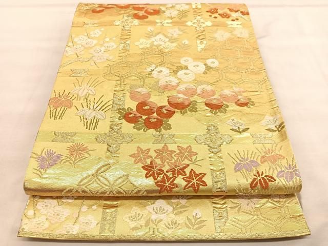 平和屋着物◎六通柄袋帯 唐織 万寿菊格天井花文 金糸 正絹 逸品