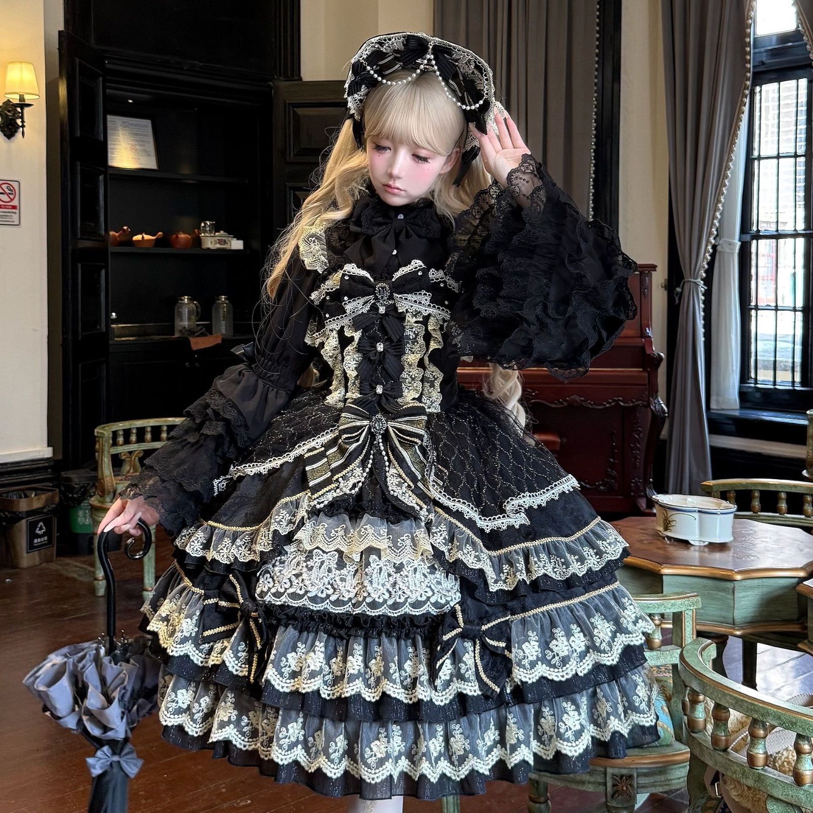 宝石の王冠ロリータドレス 豪華JSK＋ヘッドドレス 黒 甘ロリ 撮影会