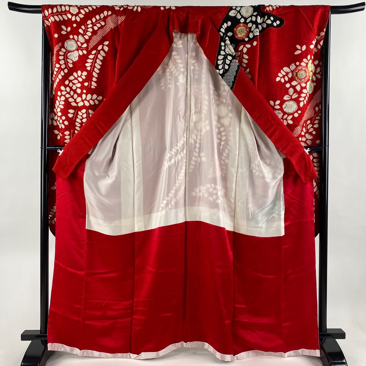 振袖 身丈166.5cm 裄丈68.5cm L 袷 草花 絞り 刺繍 赤 正絹 秀品  