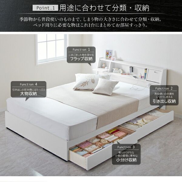 ダブルベッド マットレス付き フラップ棚付き 照明付き コンセント付き 多機能ベッド Cercatore チェルカトーレ ボンネルコイルマットレス 日本製 収納付きベッド ダブルサイズ ベット ライト