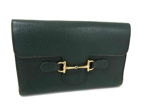 90s GUCCI グッチ 長財布 三つ折り財布 深緑 ホースビット レザー 革 GUCCI グッチ ホースビット レザー 三つ折り 長財布 ウォレット