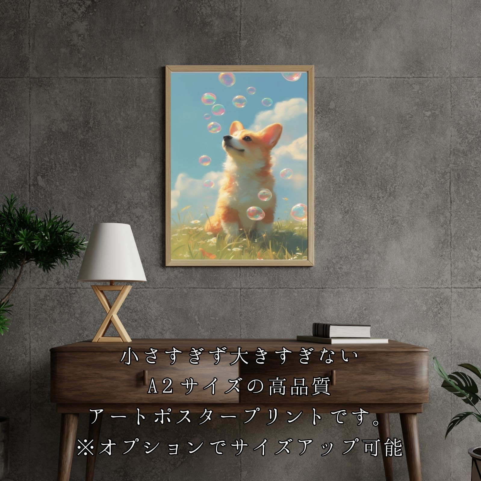 名入れOK 犬とシャボン玉 - ウェルシュコーギー犬 No.1 アートポスター うちの子記念日 ペットロス 北欧 ナチュラル 犬雑貨 オーナーズグッズ 犬用品